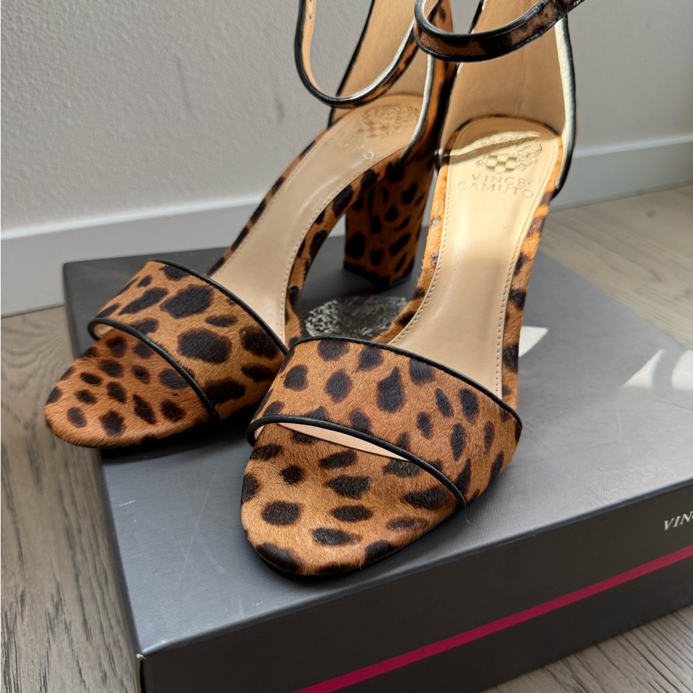 Vince Camuto Leopard Print Ankle-Strap Block Heel Sandals - Brown/Black